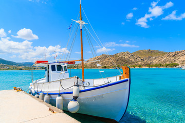 A typical fishing boat mooring at Kolymbithres bay, Paros island, Cyclades, Greece
