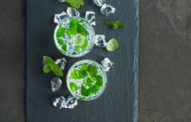 Water with ice cube and mint