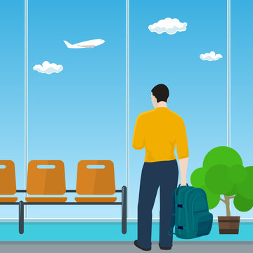 Man with a Backpack Looking out the Window in a Waiting Room, Waiting Hall with Guy in Airport, Travel and Tourism Concept, Flat Design, Vector Illustration