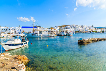 A view of Naoussa port with traditional fishing boats, Paros island, Cyclades, Greece