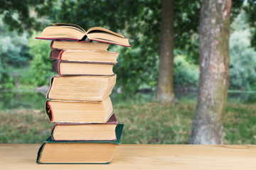 stack of books over the natural background