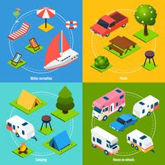 Fototapeta premium Camping And Travel Isometric 2x2 Icons Set