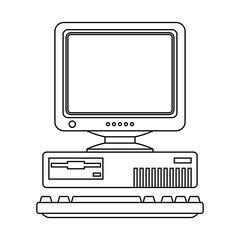 Retro Computer Icon with Keyboard and CRT Monitor. Outline version