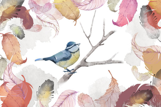 Creative Illustration and Innovative Art: Bird, Feather and Leaves, Water Color Style. Realistic Fantastic Cartoon Style Artwork Scene, Wallpaper, Story Background, Card Design
