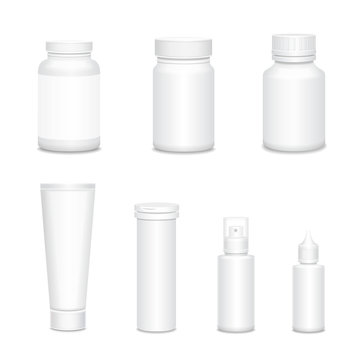 Medicine blank white bottles set for sprays and pills realistic isolated vector