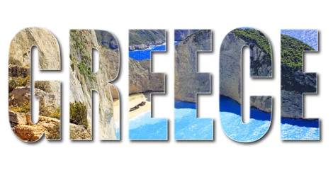 Deurstickers Griekenland tekst met foto navagio strand op witte achtergrond. © cone88