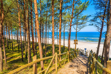 Path in forest to beautiful beach in Lubiatowo coastal village, Baltic Sea, Poland