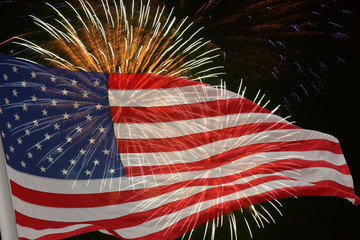 United States flag. Fireworks background for USA Independence Day. Fourth of July celebrate. 