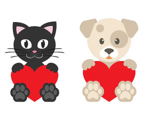 cartoon dog and cute kitty with heart