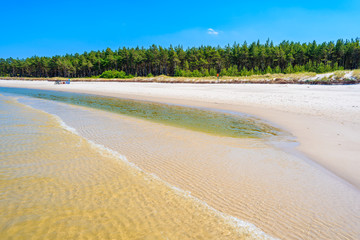 Sea waves on sandy beach in Lubiatowo coastal village, Baltic Sea, Poland