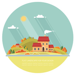 Naklejka premium autumn landscape. Little city street with small houses and trees