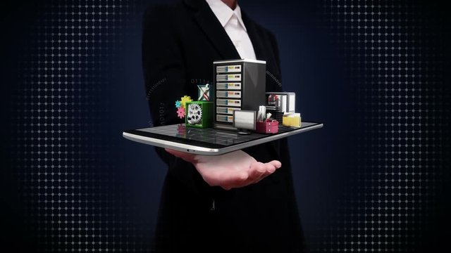 Businesswoman open palms, various security server service function for Smart phone. smart pad, mobile.