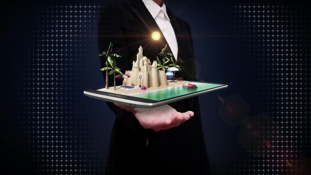Businesswoman open palms, vacation travel application, Prepare to travel for summer vacation, tour on smart pad, mobile, smart phone.