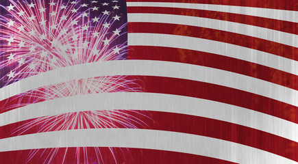 Fototapeta premium Celebratory fireworks and crowd of people on the background of the US flag. Independence day