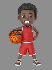 3d illustration of a cute african american kid holding a basketball in uniform