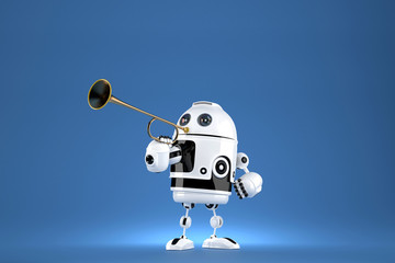 Robot with golden trumpet. 3D illustration. Proclaiming a special occasion. Contains clipping path