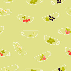 Background herbal tea. A cup with raspberry, chamomile, mint, linden, currant and rosehip. Vector illustration