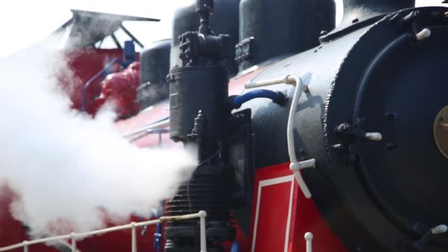 Restored steam locomotive steaming. Much of steam in frame.