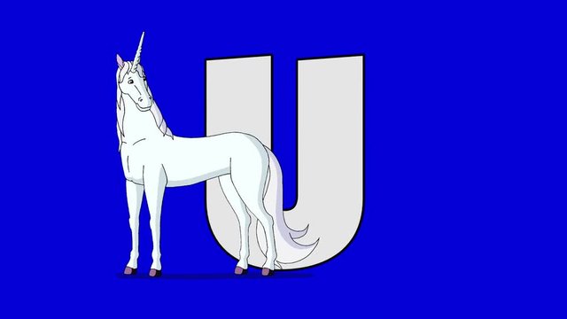 Letter U and  Unicorn (foreground)	Animated animal alphabet. Motion graphic with chroma key. Animal in a foreground of a letter.