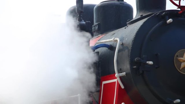 Restored steam locomotive steaming. Much of steam in frame.
