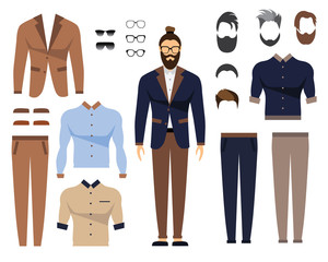 Man in office clothes, stylish uniform design. Set of Glasses, Hair Styles and Male Clothing. Flat Vector Illustration.