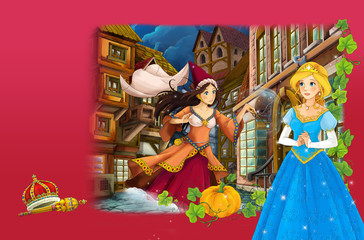 Cartoon scene with fairy tale princess and sorceress casting spell - manga girl - illustration for children