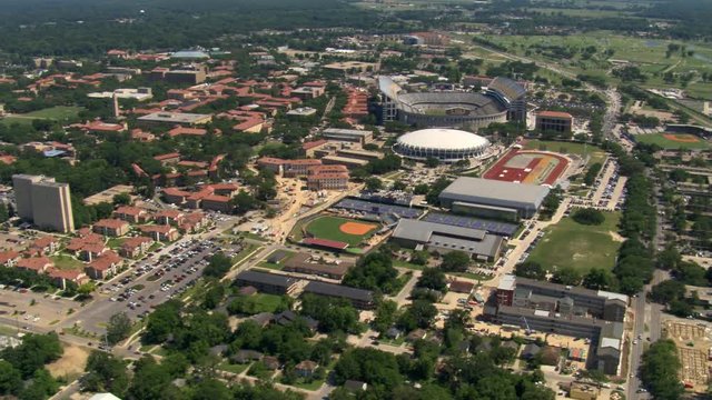 Orbiting LSU campus and Tiger Stadium in Baton Rouge, Louisiana. Shot in 2007.