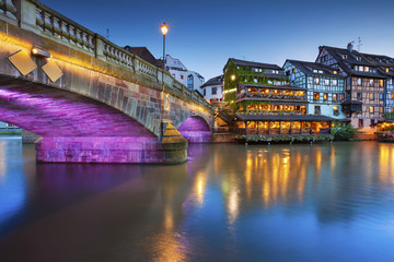 Strasbourg. Image of Strasbourg old town during twilight blue hour. - obrazy, fototapety, plakaty
