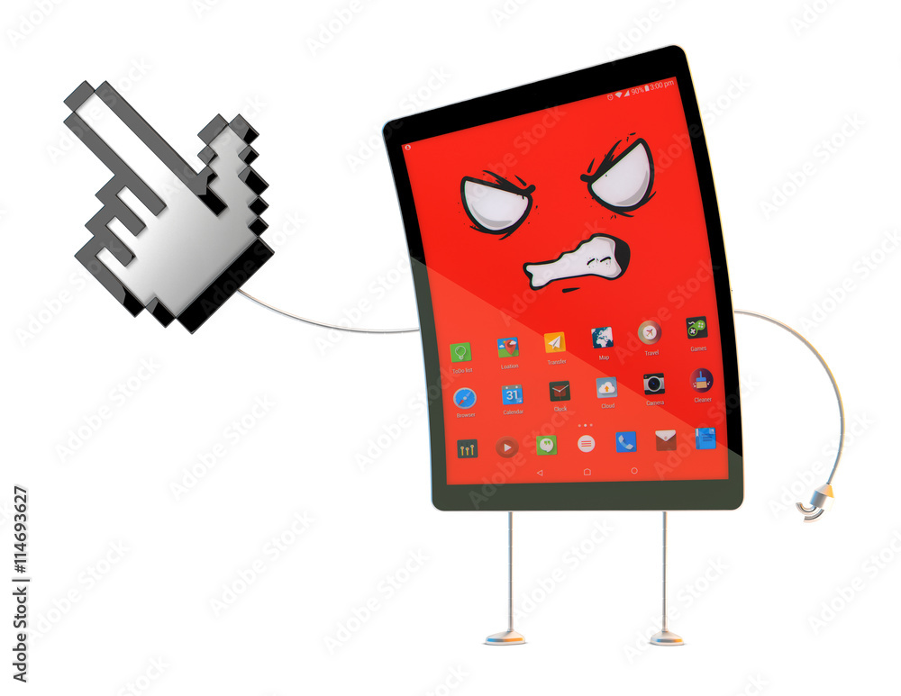 Aufkleber angry tablet cartoon character pointing at invisible object. 3d illustration. contains clipping path