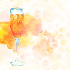 Elegant watercolor champagne glass on light golden texture with copyspace
