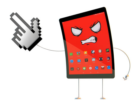 Angry Tablet cartoon character pointing at invisible object. 3D illustration. Contains clipping path