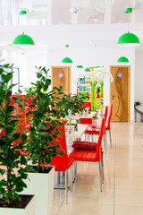 Modern design restaurant interior in white and red colors with plants.