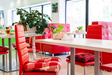 Modern design restaurant interior in white and red colors with plants.