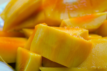 Sliced ripe yellow mango on the plates