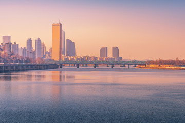 Sunset at Seoul City and Hanriver in Seoul, South korea
