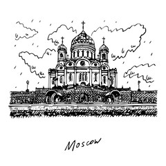 Fototapeta premium Cathedral of Christ the Saviour in Moscow, Russia. Sketch by hand. Vector illustration