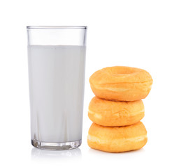 fresh milk and donut on white background