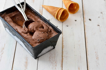 Chocolate ice cream on white wooden background

