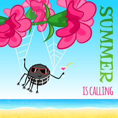 Summer is calling - vector funny cartoon illustration with pink flowers, spider and sea