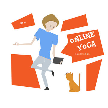 Cartoon Man With Tablet In Yoga Pose And Funny Cat Vector Illust