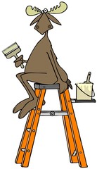 Moose sitting on a stepladder holding a paintbrush