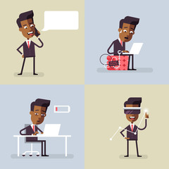 Set of business illustrations with black men in formal suits. Office situations. Vector illustration in flat design.