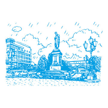 Monument to the Russian poet Pushkin in Moscow Pushkin Square. Sketch by hand. Vector illustration
