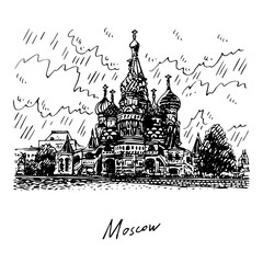 St. Basil Cathedral on Red Square in Moscow, Russia. Sketch by hand. Vector illustration. Engraving style