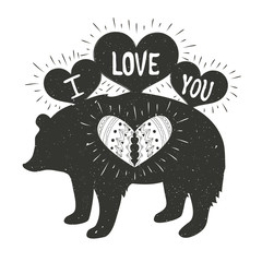 Typography poster with silhouette of bear, hearts. I love you