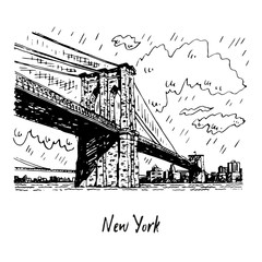 Brooklyn bridge in New York, USA. Sketch by hand. Vector illustration. Engraving style