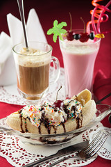Ice Cream Sundae, Banana Split, milkshake and coctail