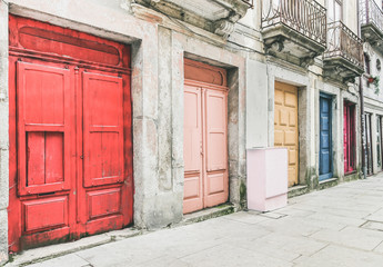 The old town of Porto in Portugal - Street view of colorful doors