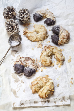 Home-baked Christmas cookies, almond crescents with powdered sugar