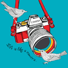 The poster with the image of the camera and birds. Vector illustration.
